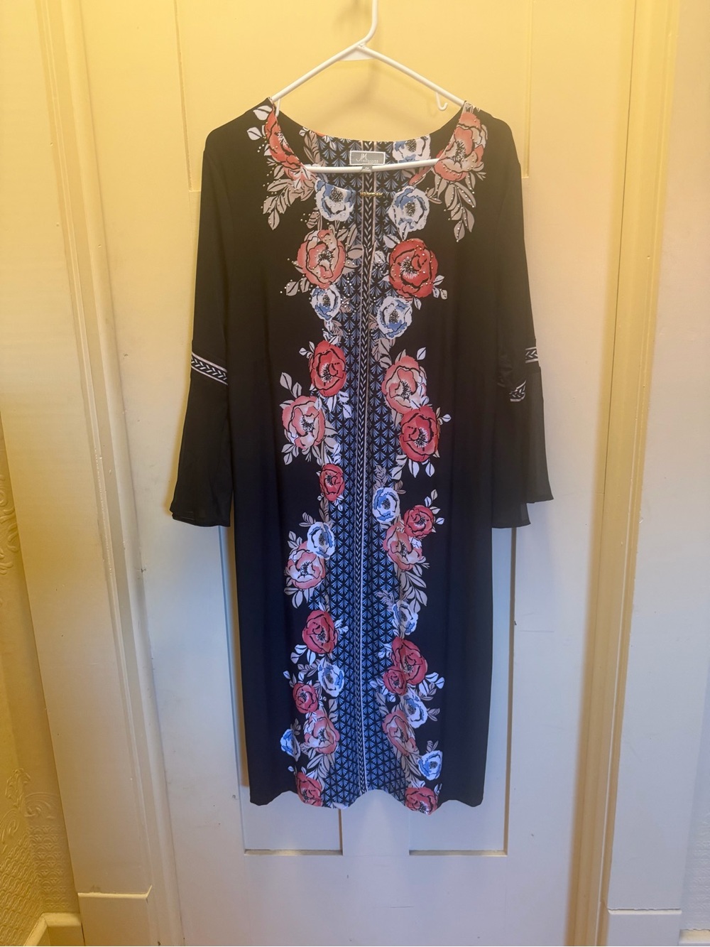JM Collection Black Long-Sleeve Dress with Coral & Blue Rose Trim